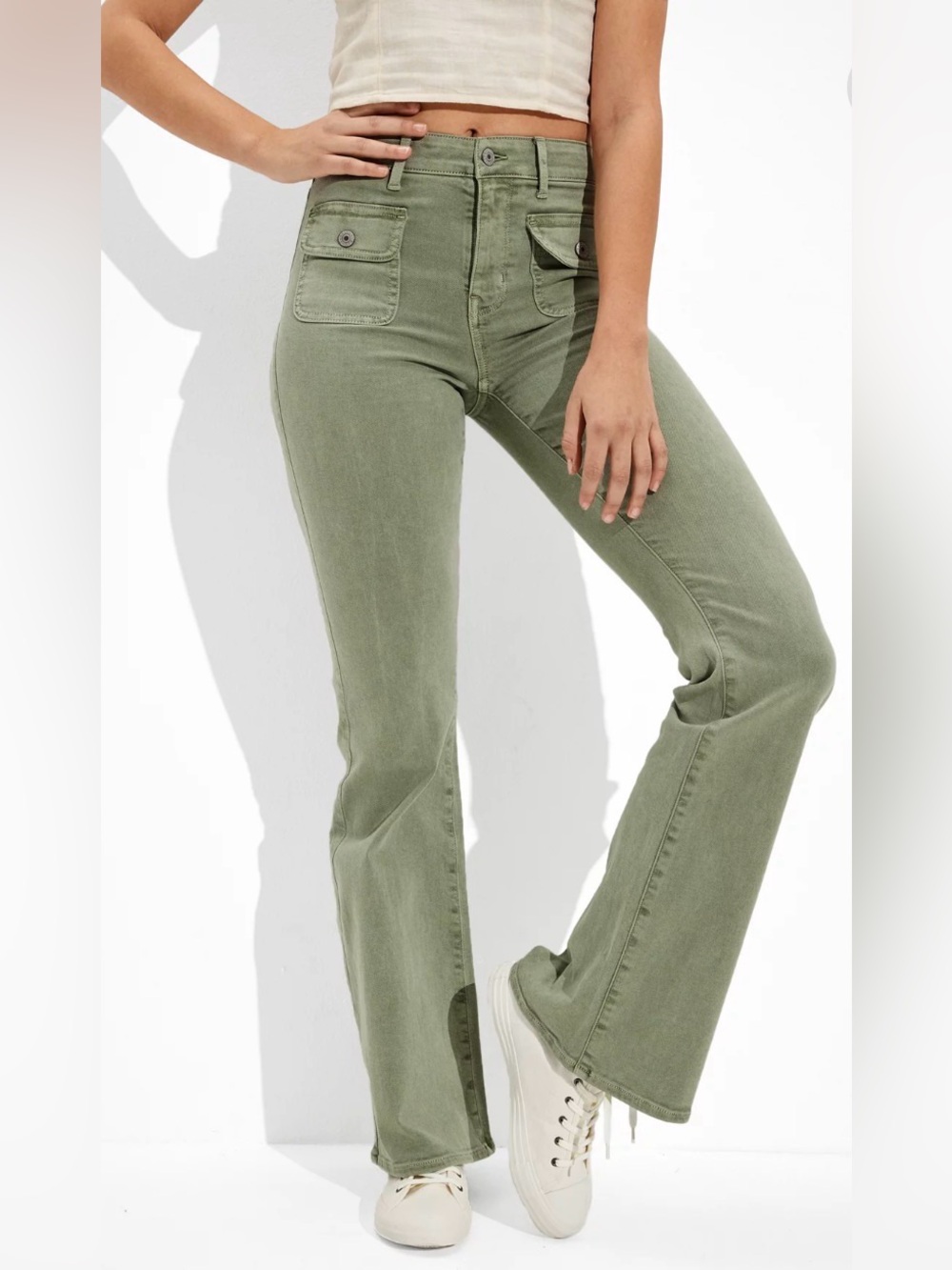 New American Eagle Super Hi-rise flare jeans stretch size 31W green sage colour